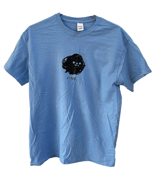 Blue shirt with Scribbly Being logo.